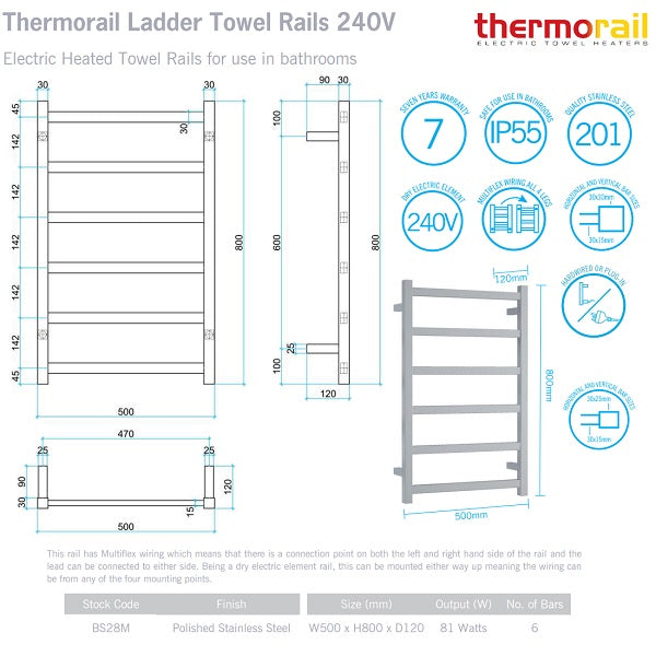 Technical drawing of Thermogroup Thermorail 6 bar square heated towel ladder in polished stainless steel, with dimensions and wiring details.