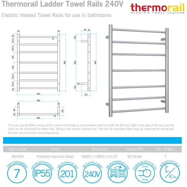 Thermogroup 7 bar heated towel ladder in polished stainless steel, 600mm wide, with technical dimensions diagram and logo.