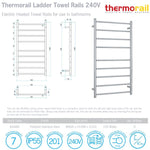 Thermogroup 9 bar round heated towel ladder in polished stainless steel, with a technical drawing and side view