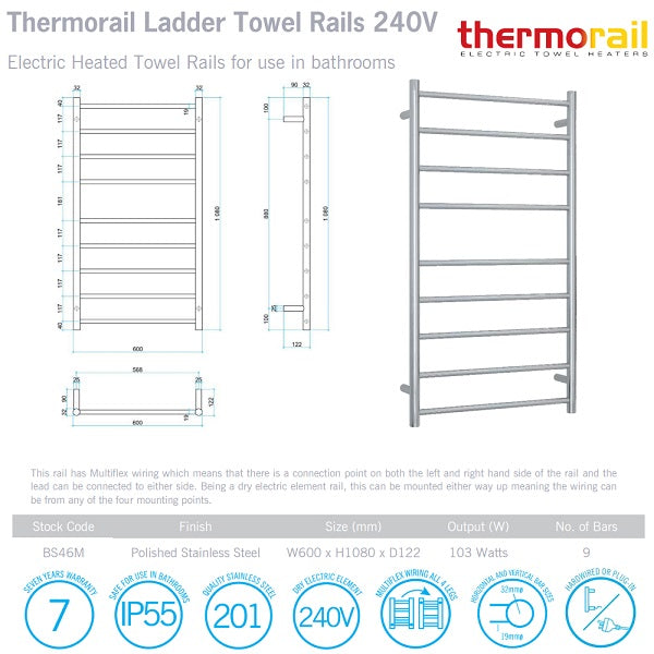 Thermogroup 9 bar round heated towel ladder in polished stainless steel, with a technical drawing and side view