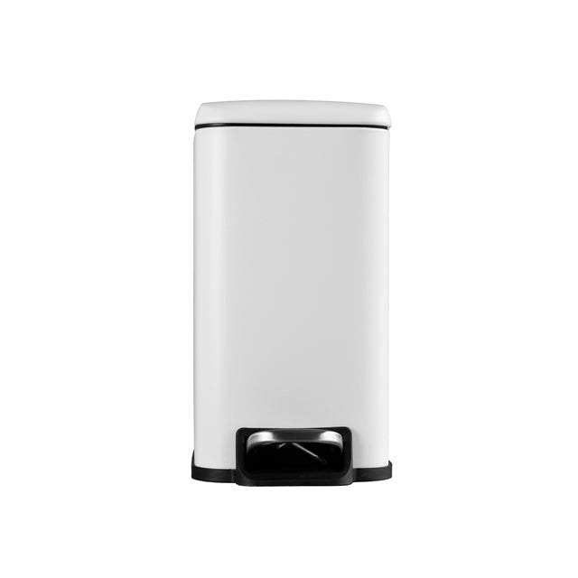 Bao Bath 5L rectangular bathroom pedal bin in matt white, front view with black foot pedal and soft-close lid