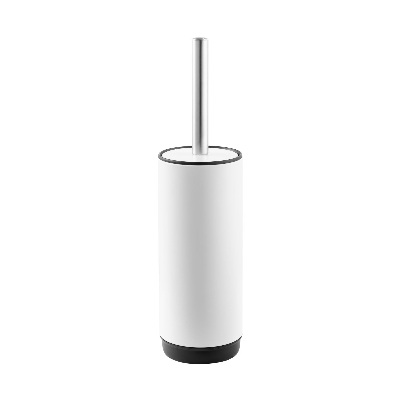 Bao Bath round toilet brush holder in matt white with chrome handle and black base, freestanding on white background