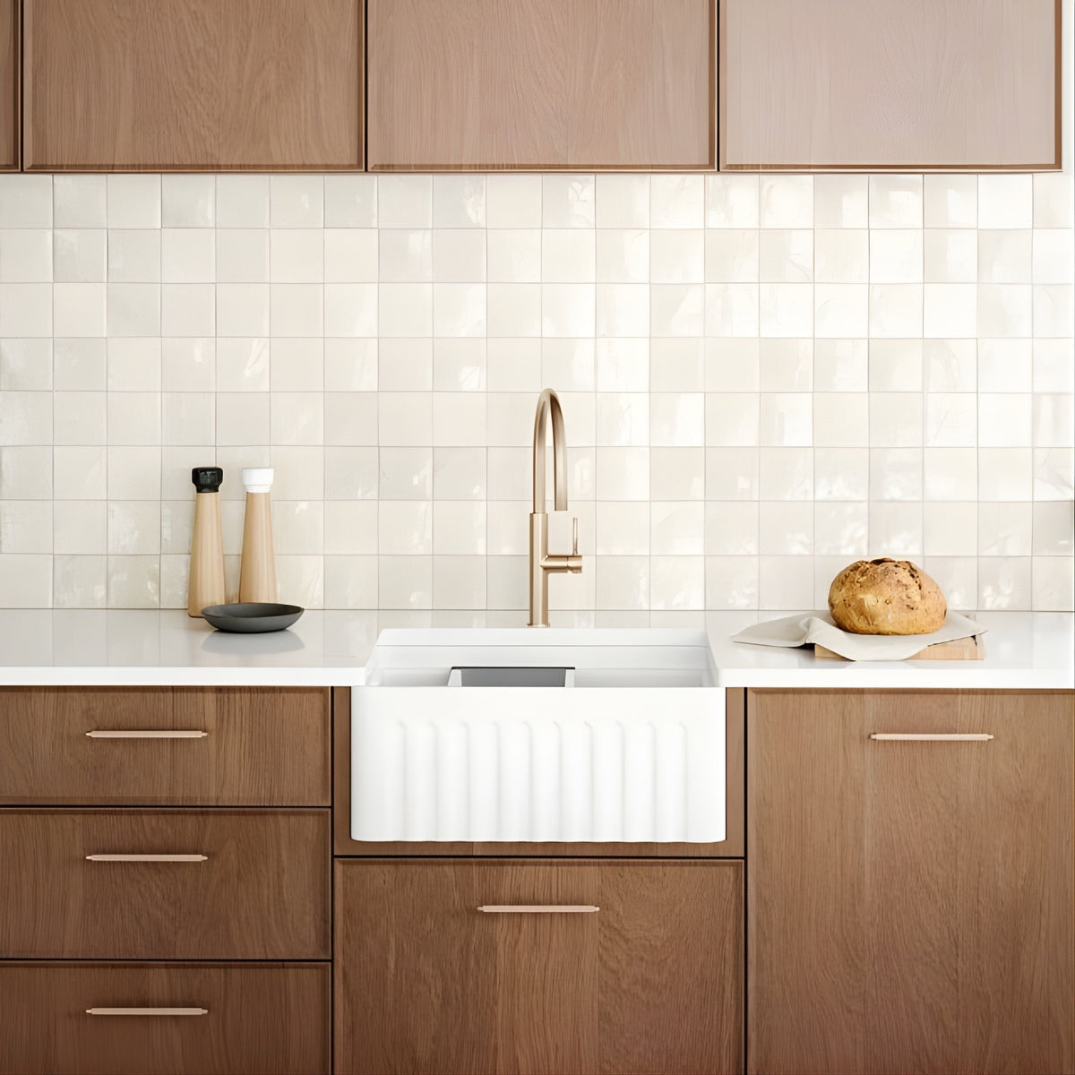 Caroma Liano II pull out sink mixer in brushed brass over a white farmhouse sink in a timber kitchen