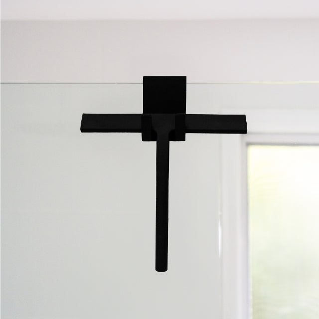 Bao Bath matte black shower squeegee hanging on glass screen with over-screen hook