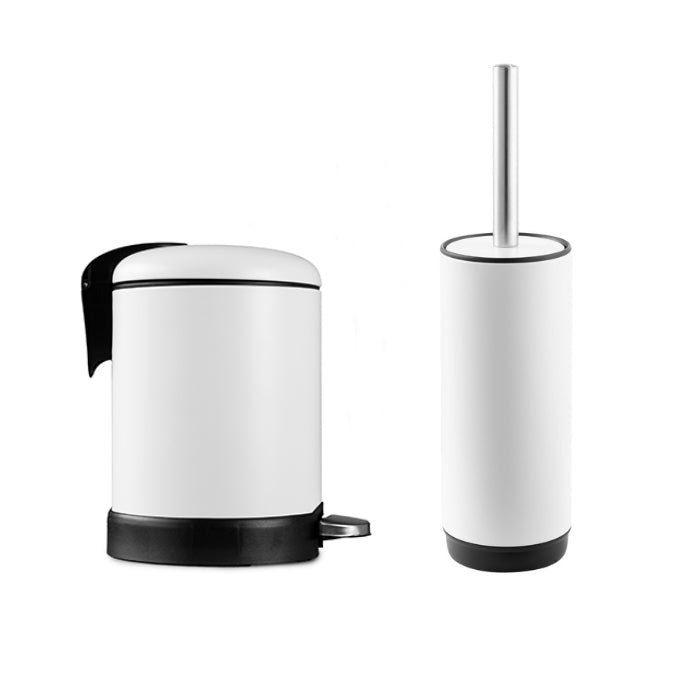 Bao Bath bin and toilet brush combo in white with black accents and chrome handle, front view on white background