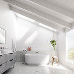 Timberline Sutherland House farmhouse vanity in grey, floor-standing with angled black legs, shown in a bright bathroom scene.