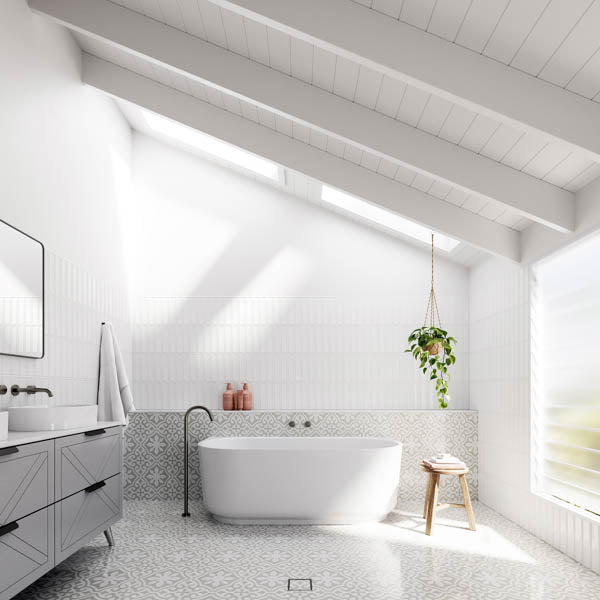 Timberline Sutherland House farmhouse vanity in grey, floor-standing with angled black legs, shown in a bright bathroom scene.