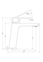Nero Bianca basin mixer technical drawing in matte black, side view with dimensions and open/close angle measurements