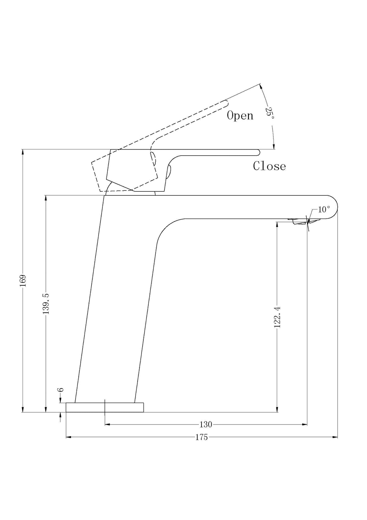 Nero Bianca basin mixer technical drawing in matte black, side view with dimensions and open/close angle measurements