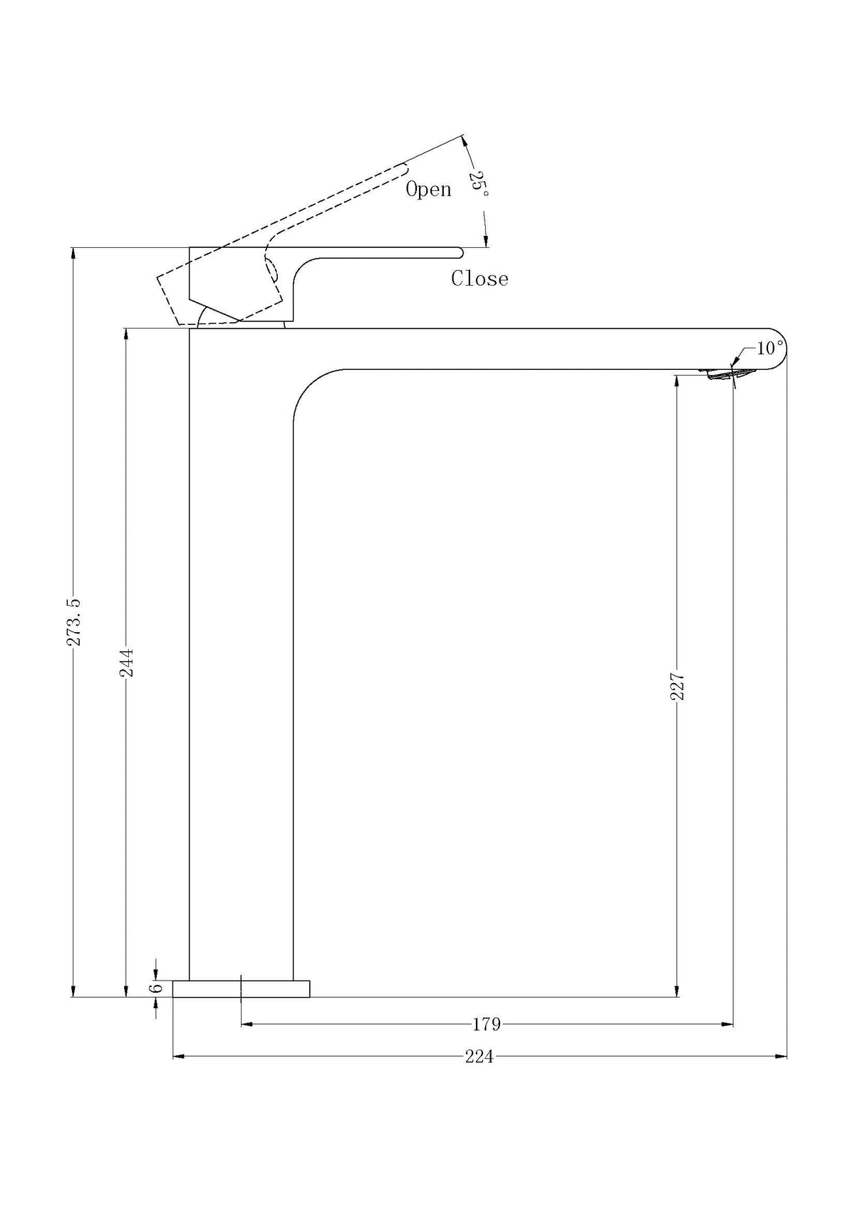Nero Bianca tall basin mixer technical drawing in chrome, side view with 227mm clearance and dimensions marked