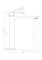 Nero Bianca tall basin mixer technical drawing in matte black, side view with dimensions and open/close angles.