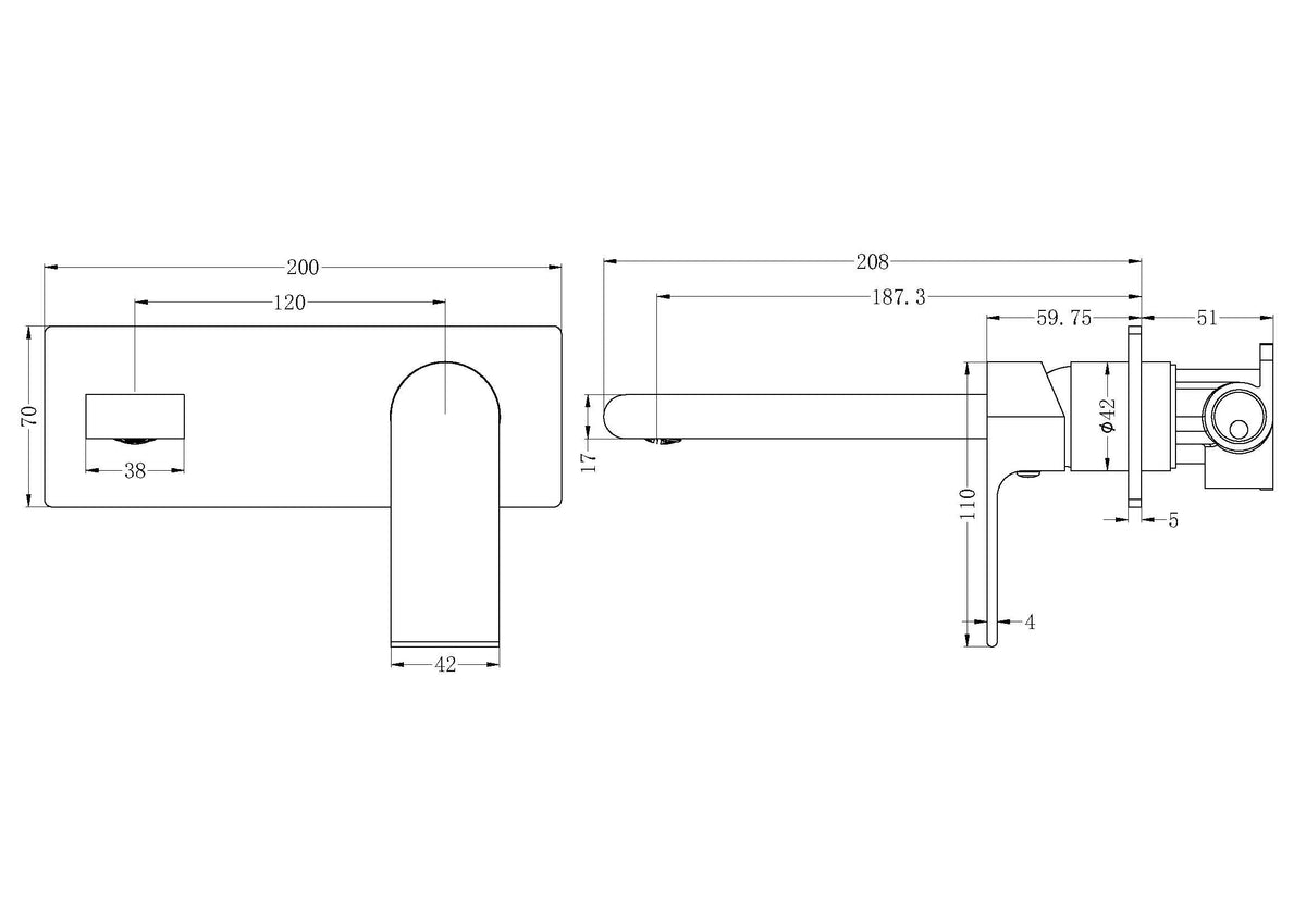 Nero Bianca wall basin/bath mixer technical drawing, matte black, with 230mm spout and wall-mounted side view dimensions