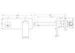 Nero Bianca wall basin/bath mixer technical drawing, brushed gold finish, showing 230mm spout and dimensions
