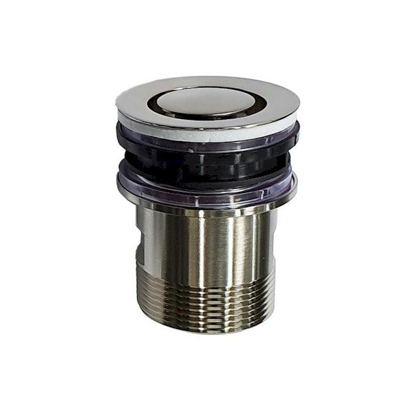 ART Australia brushed nickel round basin pop down plug and waste, 32mm, shown on white background