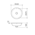 Caroma Liano II round under/over counter basin technical drawing in matte white, showing Ø440mm and 182mm dimensions