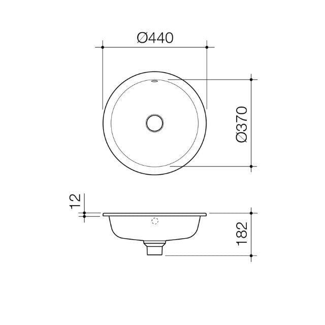 Caroma Liano II round under/over counter basin technical drawing in matte white, showing Ø440mm and 182mm dimensions
