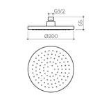 Clark Round II overhead shower technical drawing in brushed nickel, round 200mm shower head with dimensions and spray nozzles
