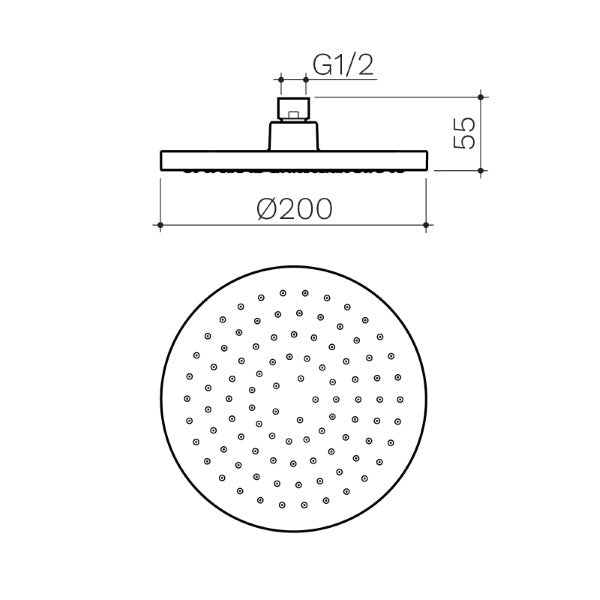 Clark Round II overhead shower technical drawing in brushed nickel, round 200mm shower head with dimensions and spray nozzles