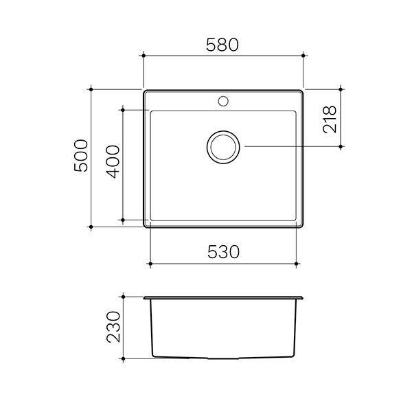 Clark Square 45L stainless steel laundry sink technical drawing, square overmount tub with dimensions shown and tap hole detail