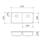 Caroma Luna double bowl stainless steel kitchen sink technical drawing with 910mm width and dimensions shown