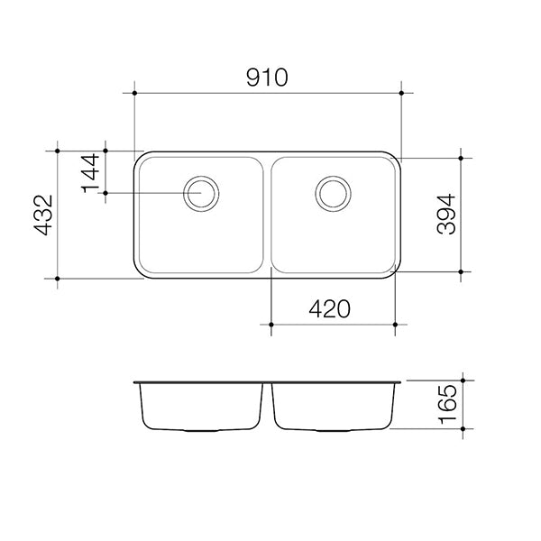 Caroma Luna double bowl stainless steel kitchen sink technical drawing with 910mm width and dimensions shown