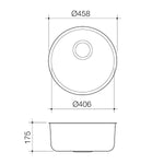Caroma Luna round stainless steel sink technical drawing with dimensions and single bowl top and side views