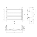 Technical drawing of Thermogroup 4-bar curved heated towel ladder, stainless steel, 600mm wide x 420mm high x 150mm deep