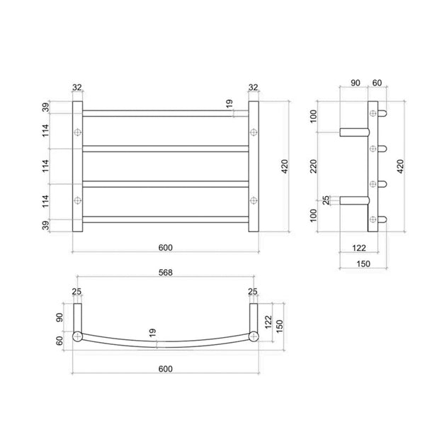 Technical drawing of Thermogroup 4-bar curved heated towel ladder, stainless steel, 600mm wide x 420mm high x 150mm deep