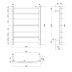 Technical drawing of Thermogroup 7 bar curved heated towel rail, 600mm wide x 800mm high, stainless steel