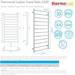 Thermorail ladder towel rail technical drawing, polished stainless steel, 700mm x 1400mm, 12 bars, Thermogroup, 240V icon labels