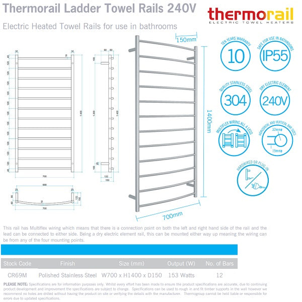 Thermorail ladder towel rail technical drawing, polished stainless steel, 700mm x 1400mm, 12 bars, Thermogroup, 240V icon labels