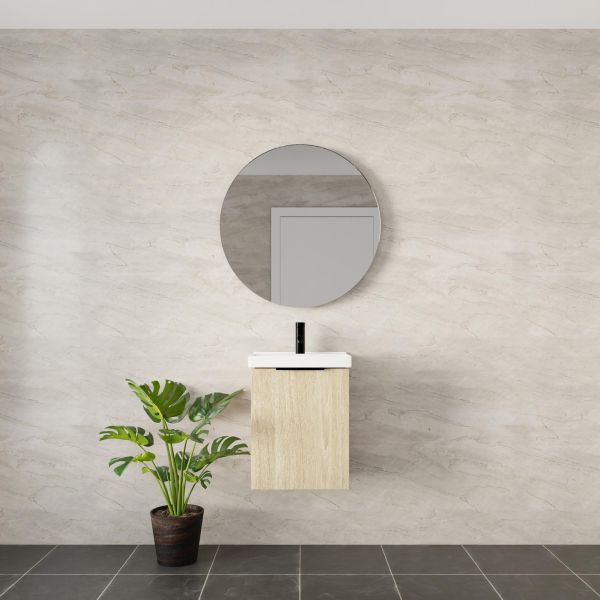 Marquis Caleta compact wall hung vanity with white top and coastal oak finish, shown in a bathroom setting
