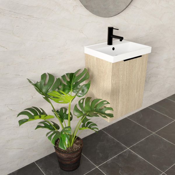 Marquis Caleta compact wall hung vanity, coastal oak finish with white ceramic top and black tapware