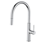 Caroma Liano II chrome pull out sink mixer with high gooseneck spout and side lever handle on white background