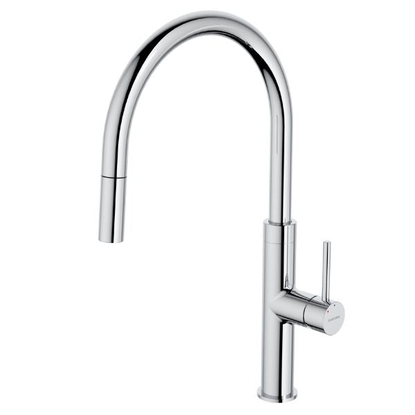 Caroma Liano II chrome pull out sink mixer with high gooseneck spout and side lever handle on white background