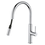 Caroma Liano II pull out sink mixer in polished chrome, with high curved spout and single lever handle on a white background