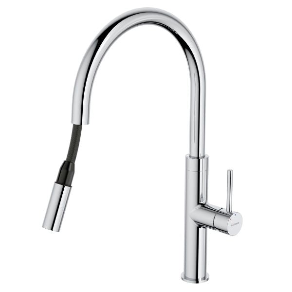 Caroma Liano II pull out sink mixer in polished chrome, with high curved spout and single lever handle on a white background