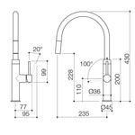 Caroma Liano II pull out sink mixer technical drawing, chrome, with dimensions and swivel angles shown