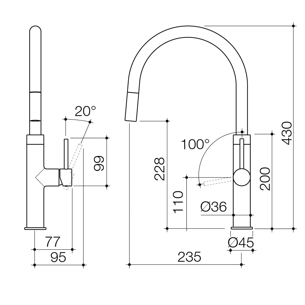 Caroma Liano II pull out sink mixer technical drawing, chrome, with dimensions and swivel angles shown