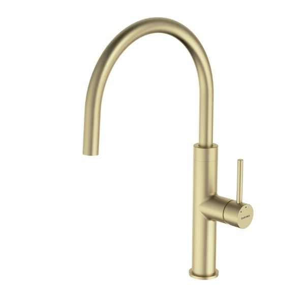 Caroma Liano II brushed brass gooseneck sink mixer, single lever kitchen tap, front view on white background