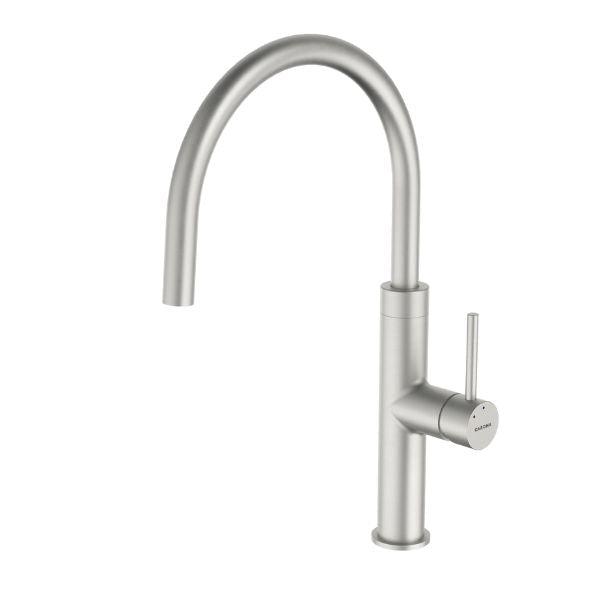 Caroma Liano II brushed nickel gooseneck sink mixer, side handle, front view on white background