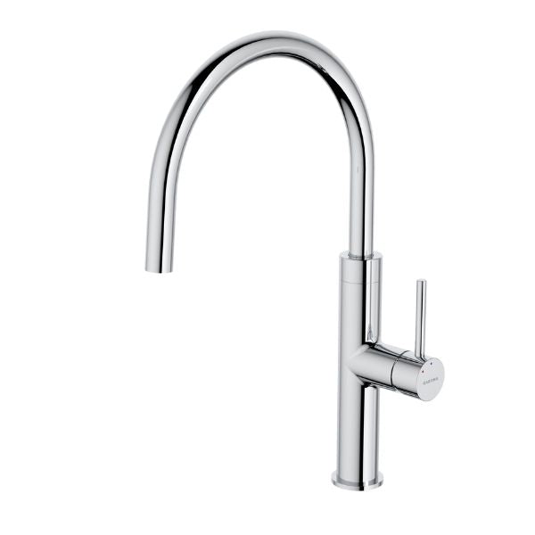Caroma Liano II chrome gooseneck sink mixer with swivel spout, side lever and polished chrome finish
