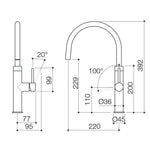 Caroma Liano II chrome gooseneck sink mixer technical drawing with side and front views and measurements