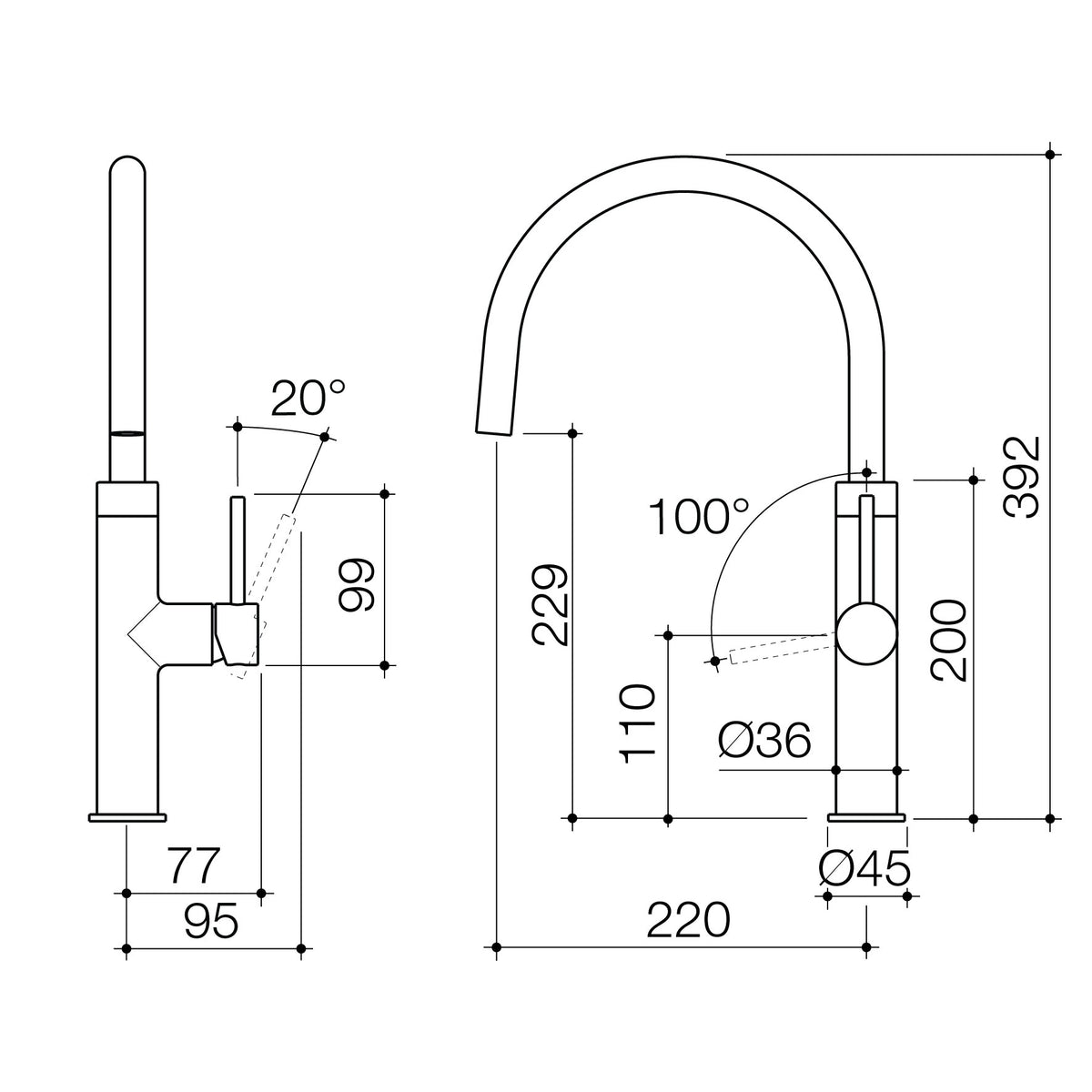 Caroma Liano II chrome gooseneck sink mixer technical drawing with side and front views and measurements