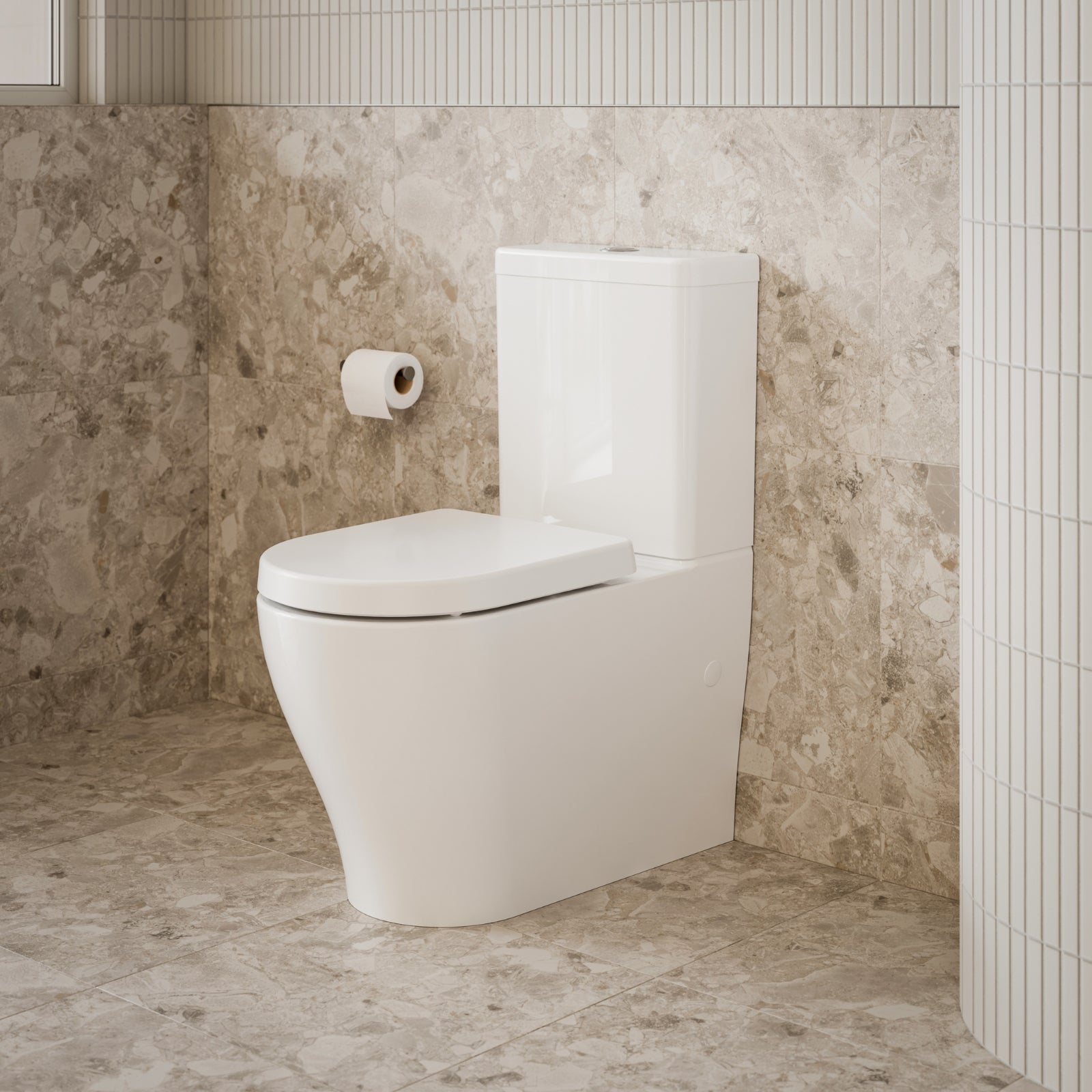 Caroma Luna Cleanflush white back to wall toilet suite in a modern tiled bathroom