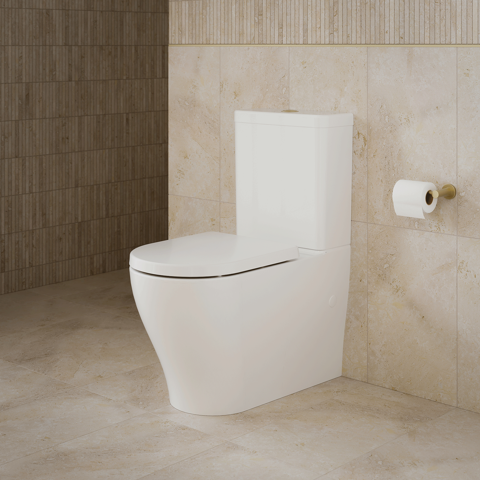 Caroma Luna slim back to wall toilet suite in white, shown in a tiled bathroom with matching cistern and soft-close seat