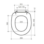 Caroma Profile toilet seat technical drawing, white round seat with soft close hinges and dimensions shown