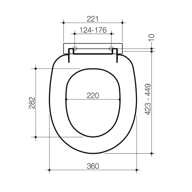Caroma Profile toilet seat technical drawing, white round seat with soft close hinges and dimensions shown
