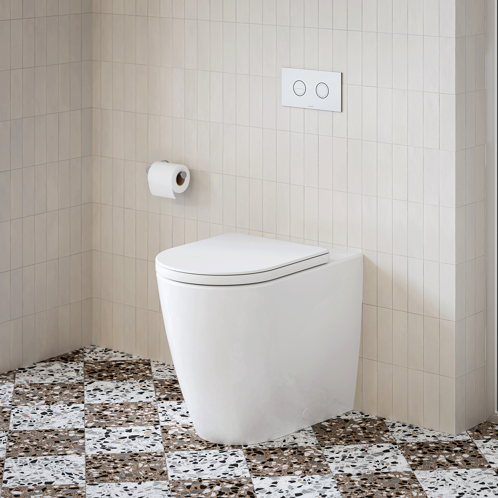 Caroma wall-faced white toilet suite with in-wall cistern and dual flush button on tiled bathroom floor