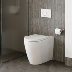 Caroma wall-faced white toilet pan with concealed cistern option, shown in a modern tiled bathroom with flush plate and toilet roll holder
